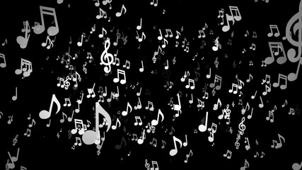 White musical notes move to the camera on a black background 3d illustration