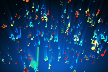 Seamless animation of colorful musical notes for music videos, LED screens and projections at night...