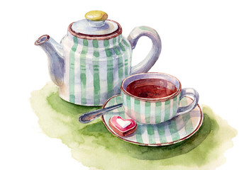 Watercolor hand-drawn tea set on white background