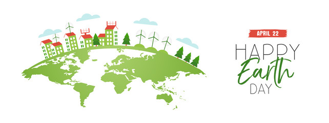 Happy earth day web banner of eco friendly city