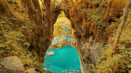 Fototapeta premium Gate of the Wishes, Mrtvica river autumn Canyon Montenegro Wild Beauty. Nature landscape background.