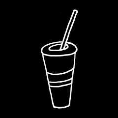 Linear cartoon hand drawn drink drawing. Cute vector black and white drink drawing. Isolated monochrome doodle drink drawing on black background.
