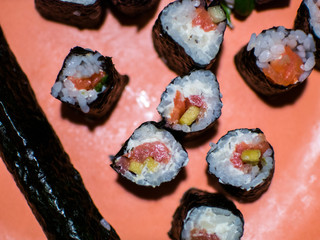 Sushi and rolls on a plate, Japanese food at home