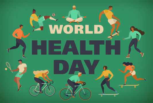 World Health Day 7th april with the image of doctors. Vector illustrations. Active young people. Healthy lifestyle. Roller skates, running, bicycle, run, walk, yoga. Design element colorful.