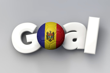 Football goal with a Moldova flag soccer ball. 3D Rendering