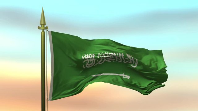 National Flag of  Saudi Arabia waving in the wind against the sunset sky background slow motion Seamless Loop Animation