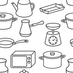 Seamless kitchenware icons pattern on white background