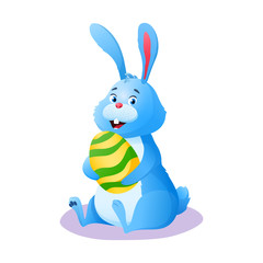 Flat happy easter Bunny. Cute smiling cartoon Easter rabbit sitting with paschal painted chocolate egg isolated on white background. Decoration for holiday greeting card. Colorful vector illustration.