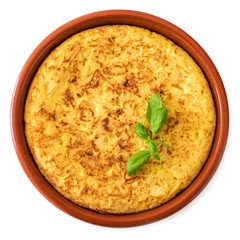 Spanish tortilla isolated on white background, top view .