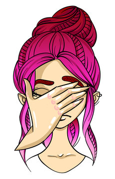 Emotion character, girl face, facepalm facial expression, hand covers face, cartoon vector illustration isolated on white background. Pink-haired girl emoji face distressed.