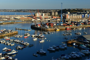 St Helier harbour, Jersey, U.K.
commercial and private docks and marina shot from height.