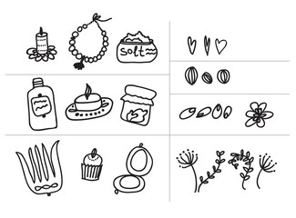 Set. Painted female tricks. Beads, comb, mirror, powder, candle, bath salt, capkake, cosmetics. Vector illustration