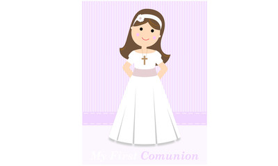 Girl in communion dress on blue background