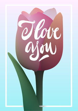 I love you lettering with flower illustration. Brush pen modern text inscription in frame, tulpin floral painting.