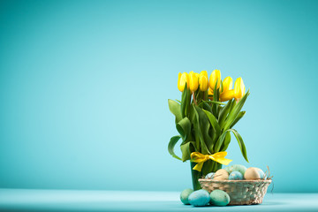 Yellow tulips on blue background