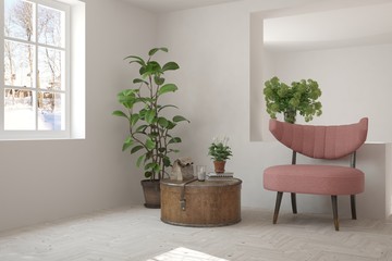 Fototapeta na wymiar White room with armchair and winter landscape in window. Scandinavian interior design. 3D illustration