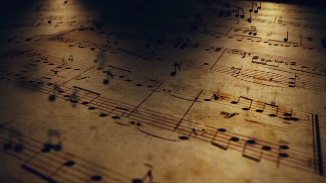 Atmospheric music background with notes on old brown paper