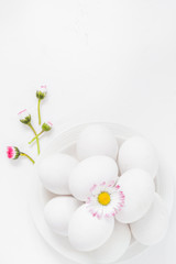 Obraz na płótnie Canvas Spring Easter background with white eggs Daisy flowers