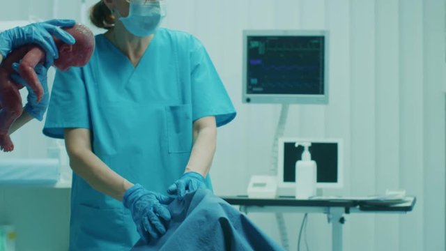 In the Hospital Woman in Labor Pushes and Gives Birth, Baby Comes out, Obstetricians Assist Delivery, Husband Supports His Wife. Side View Footage.  Shot on RED EPIC-W 8K Helium Cinema Camera.