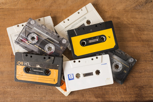 Cassette tapes on a wooden board