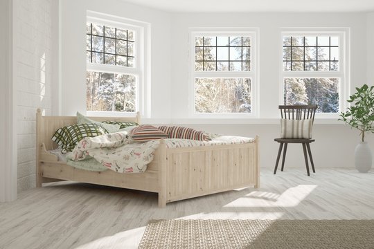 White bedroom with winter landscape in window. Scandinavian interior design. 3D illustration