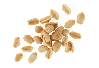 Roasted salted peanuts isolated on a white background, top view