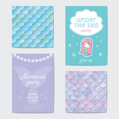 Party invitation. Holographic fish or mermaid scales, pearls and frame. Vector illustration