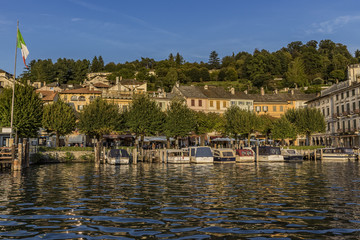 Fototapeta na wymiar View of Piazza Motta in Orta San Giulio from a Taxi boat, Lake Orta, Piedmont, Italy
