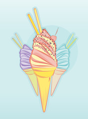 Tasty colourful ice cream in cone with sticks on light blue background