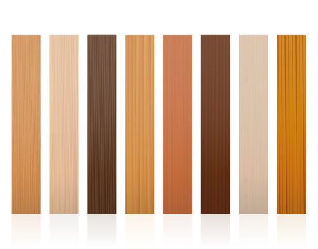Fototapeta Wooden slats. Collection of wood boards, different colors, glazes, textures from various trees to choose - brown, dark, gray, light, red, yellow, orange decor models - vector on white background.