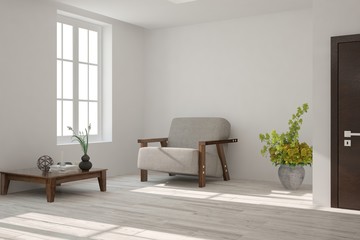 Inspiration of white minimalist room with armchair. Scandinavian interior design. 3D illustration