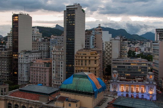Cityscape of Rio de Janeiro Downtown in the Evening and Mountains in the Horizon