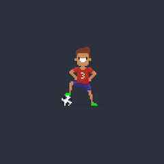 Pixel art soccer player standing with arms on his hips and leg on the ball
