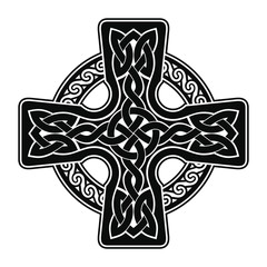 Celtic cross with national ornament as interlaced ribbon isolated on white background.