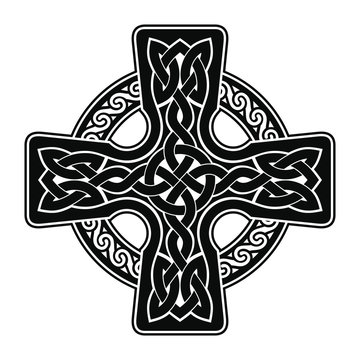 Celtic cross with national ornament as interlaced ribbon isolated on white background.