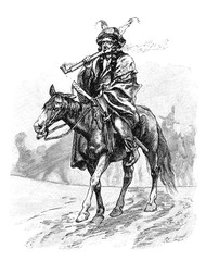 Fototapeta na wymiar Indianer auf dem Pferd mit Kriegspfeife