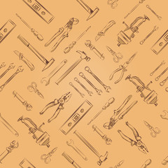 Seamless hand drawn tools set pattern on beige background