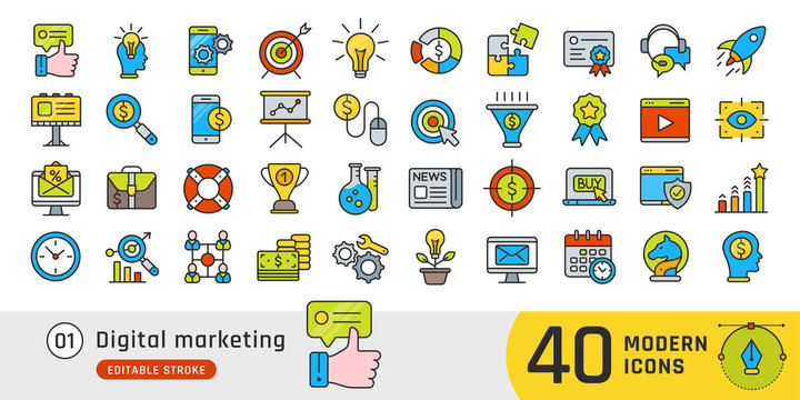 Digital marketing line icons set. Suitable for banner, mobile application, website. Editable stroke