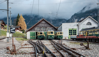 Swiss mountain trains parked in station near Grindelwald
