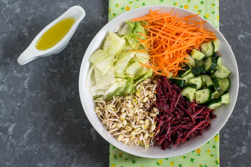 Vegetarian lunch bowl with sprouted mung beans and fresh vegetables