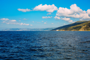 Athos peninsula, Greece.View from a ferry. Orthodox monasteries, mountains