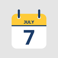 Flat icon calendar 7th of July isolated on gray background. Vector illustration.