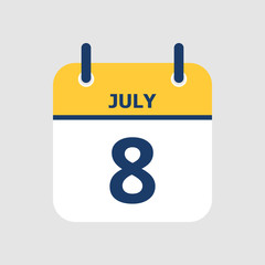Flat icon calendar 8th of July isolated on gray background. Vector illustration.
