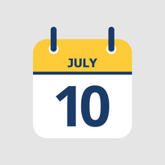 Flat icon calendar 10th of July isolated on gray background. Vector illustration.