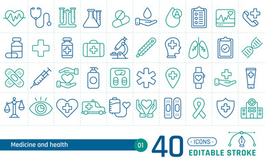 Medicine and health line icons set. Suitable for banner, mobile application, website. Editable stroke