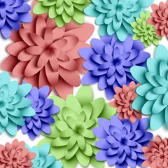 Flowers 3d background with on white background. Templates for greeting cards, placards, banners, flyers. Paper art. Suitable for social networks