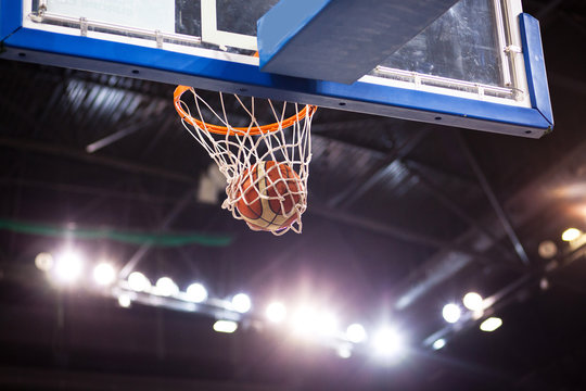 scoring during basketball game - ball going through hoop