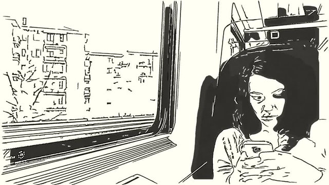 Girl with cell phone on train, with pencil drawing effect, sitting in a wagon near the window with flowing landscape