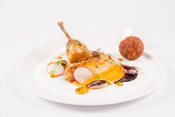 Guinea fowl, pumpkin puree, fried buckwheat, gravie sauce