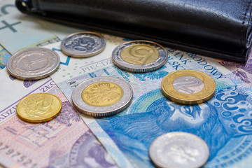 Polish zloty (PLN) currency - banknotes, coins and wallet.